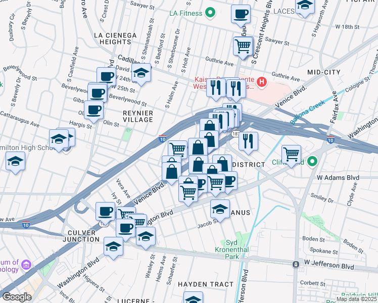 map of restaurants, bars, coffee shops, grocery stores, and more near 8645 Olin Street in Los Angeles