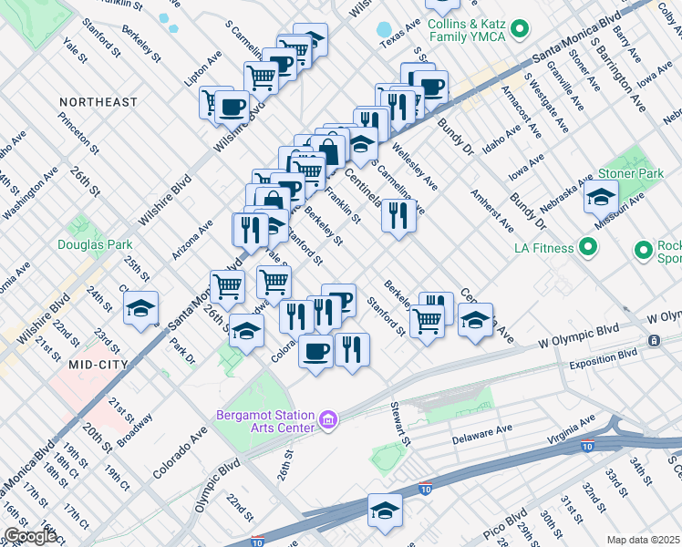 map of restaurants, bars, coffee shops, grocery stores, and more near 1537 Berkeley Street in Santa Monica