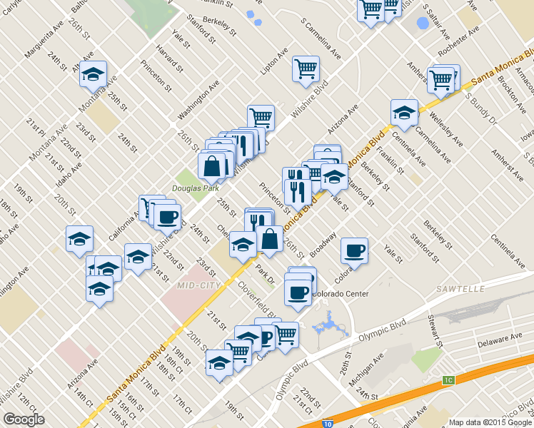 map of restaurants, bars, coffee shops, grocery stores, and more near 1321 Princeton Street in Santa Monica