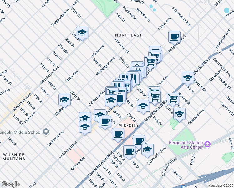 map of restaurants, bars, coffee shops, grocery stores, and more near 1133 24th Street in Santa Monica