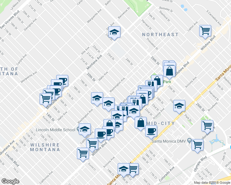 map of restaurants, bars, coffee shops, grocery stores, and more near 2112 Washington Avenue in Santa Monica