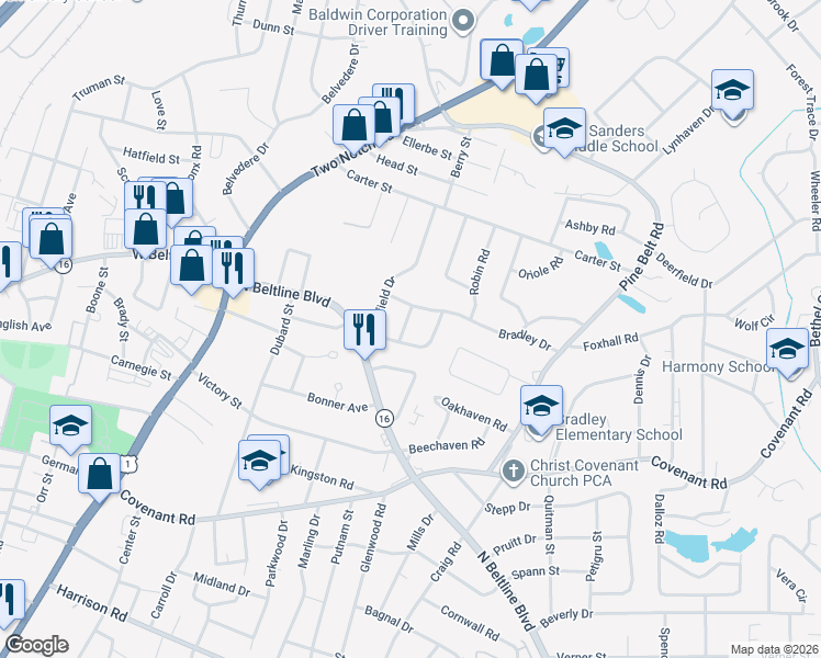 map of restaurants, bars, coffee shops, grocery stores, and more near 1515 Bradley Drive in Columbia