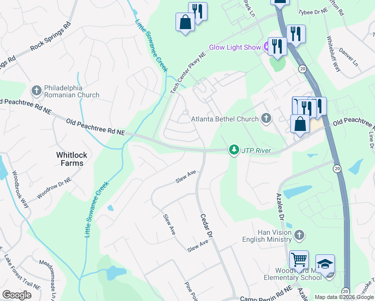 map of restaurants, bars, coffee shops, grocery stores, and more near 801 Old Peachtree Road Northwest in Lawrenceville