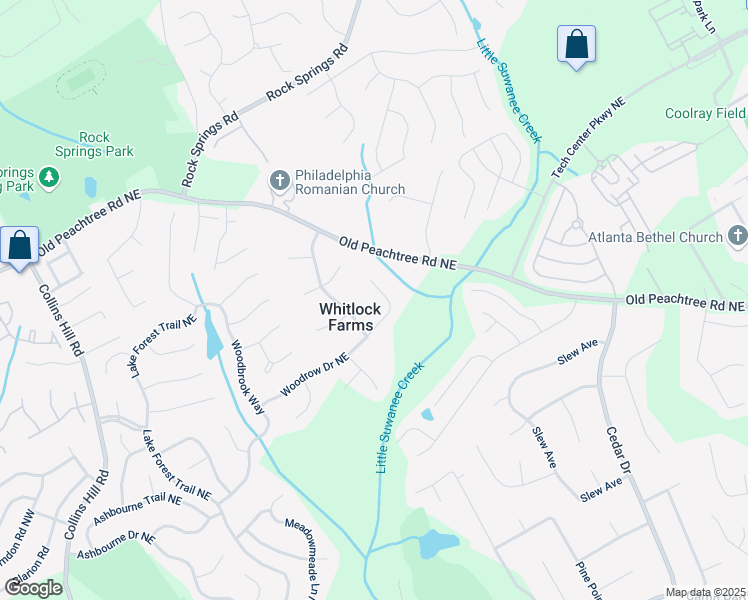 map of restaurants, bars, coffee shops, grocery stores, and more near 545 Woodrow Drive Northeast in Lawrenceville