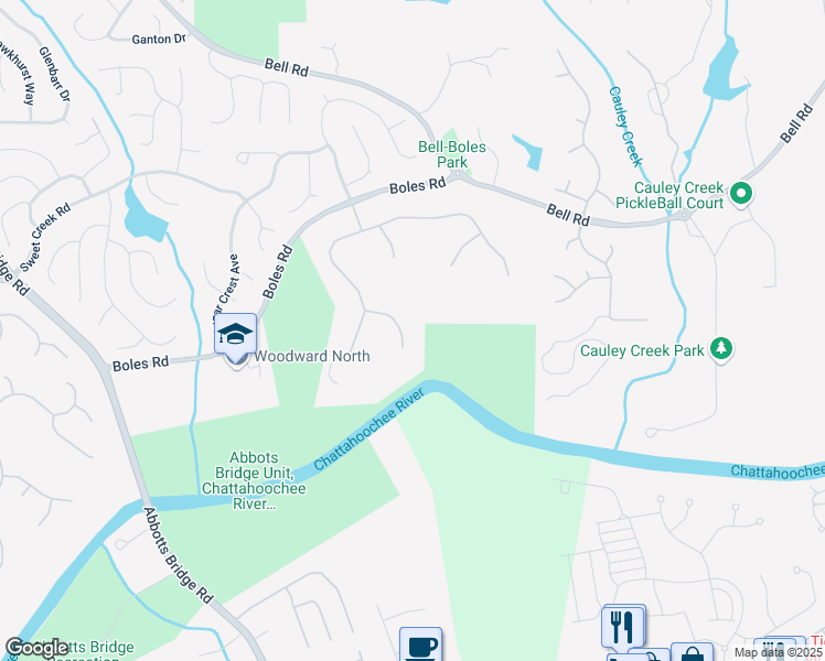 map of restaurants, bars, coffee shops, grocery stores, and more near 120 Wood River Court in Johns Creek