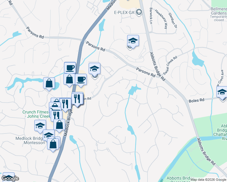 map of restaurants, bars, coffee shops, grocery stores, and more near 1586 Bayhill Drive in Duluth