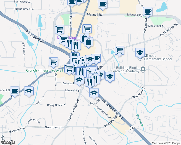 map of restaurants, bars, coffee shops, grocery stores, and more near 770 Old Roswell Place in Roswell