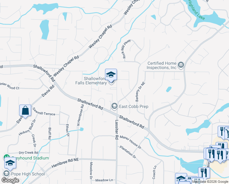 map of restaurants, bars, coffee shops, grocery stores, and more near 3450 Lassiter Falls Drive in Marietta