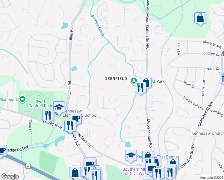 map of restaurants, bars, coffee shops, grocery stores, and more near 2481 Deerfield Drive in Kennesaw