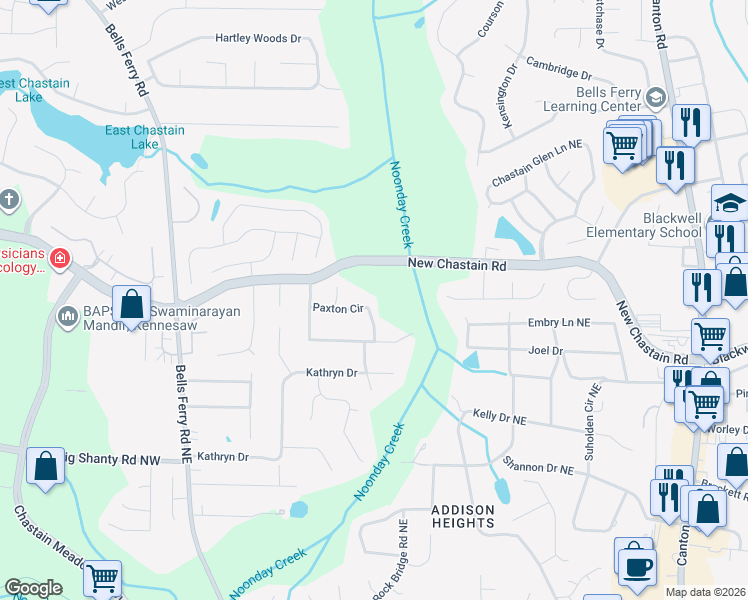 map of restaurants, bars, coffee shops, grocery stores, and more near 307 Paxton Circle in Marietta