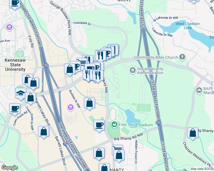 map of restaurants, bars, coffee shops, grocery stores, and more near 3300 George Busbee Parkway Northwest in Kennesaw