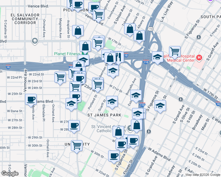 map of restaurants, bars, coffee shops, grocery stores, and more near 907 West 21st Street in Los Angeles