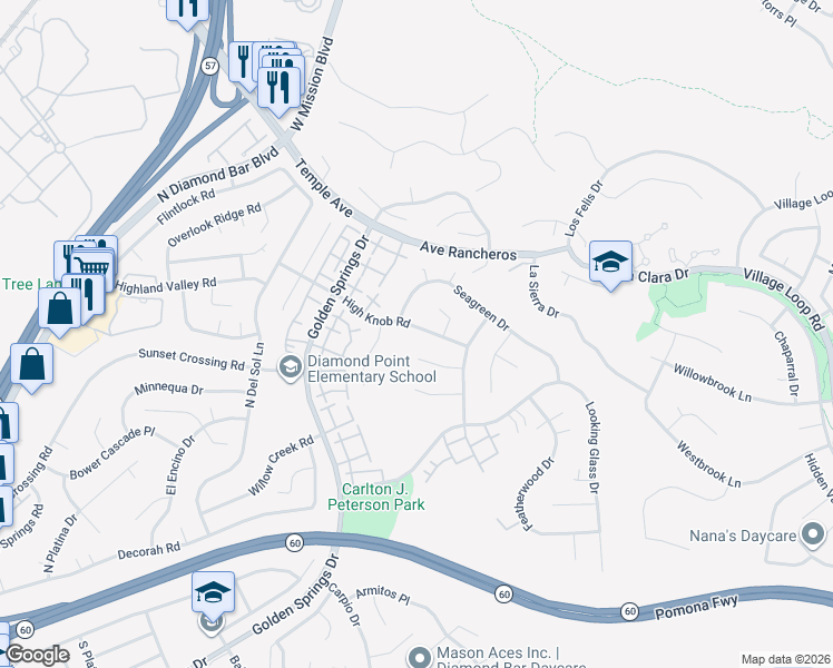 map of restaurants, bars, coffee shops, grocery stores, and more near 24224 High Knob Road in Diamond Bar