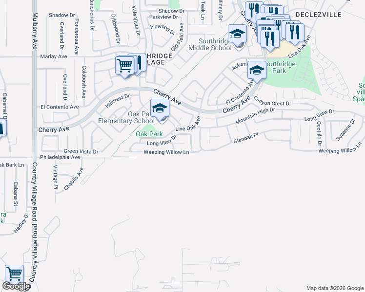 map of restaurants, bars, coffee shops, grocery stores, and more near 14285 Long View Drive in Fontana