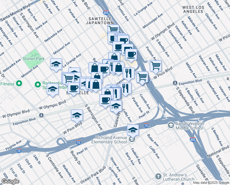 map of restaurants, bars, coffee shops, grocery stores, and more near 11500 Tennessee Avenue in Los Angeles