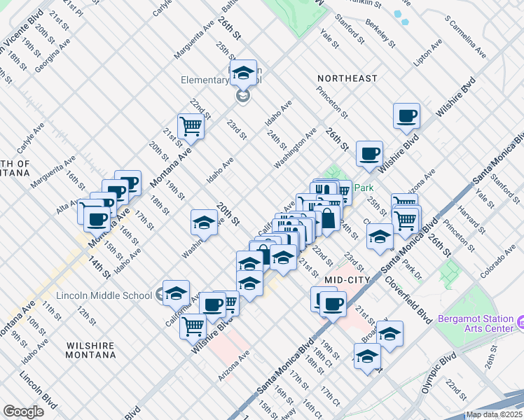 map of restaurants, bars, coffee shops, grocery stores, and more near 1035 21st Street in Santa Monica