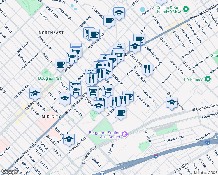 map of restaurants, bars, coffee shops, grocery stores, and more near 1448 Yale Street in Santa Monica