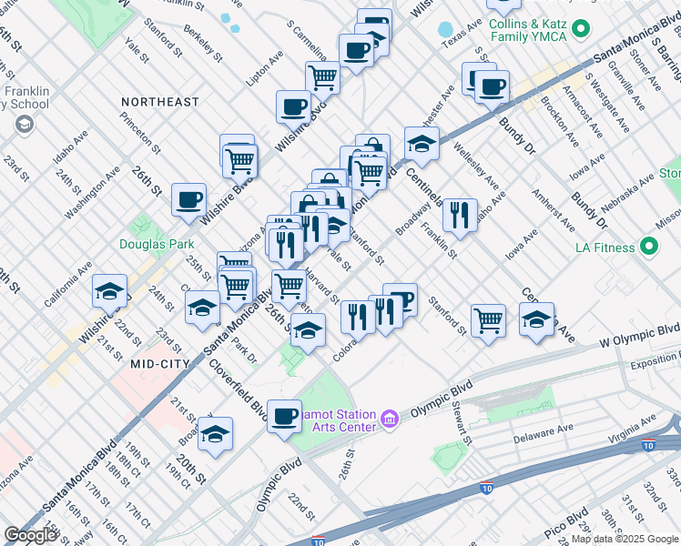 map of restaurants, bars, coffee shops, grocery stores, and more near 1448 Yale Street in Santa Monica