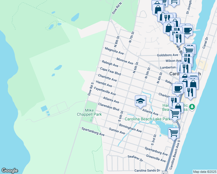 map of restaurants, bars, coffee shops, grocery stores, and more near 707 Hamlet Avenue in Carolina Beach