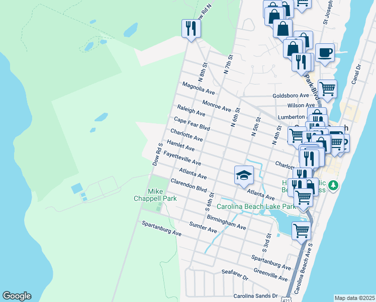 map of restaurants, bars, coffee shops, grocery stores, and more near 707 Hamlet Avenue in Carolina Beach