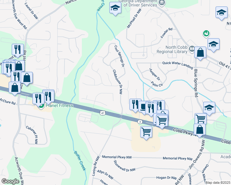 map of restaurants, bars, coffee shops, grocery stores, and more near 131 Park Forest Drive Northwest in Kennesaw