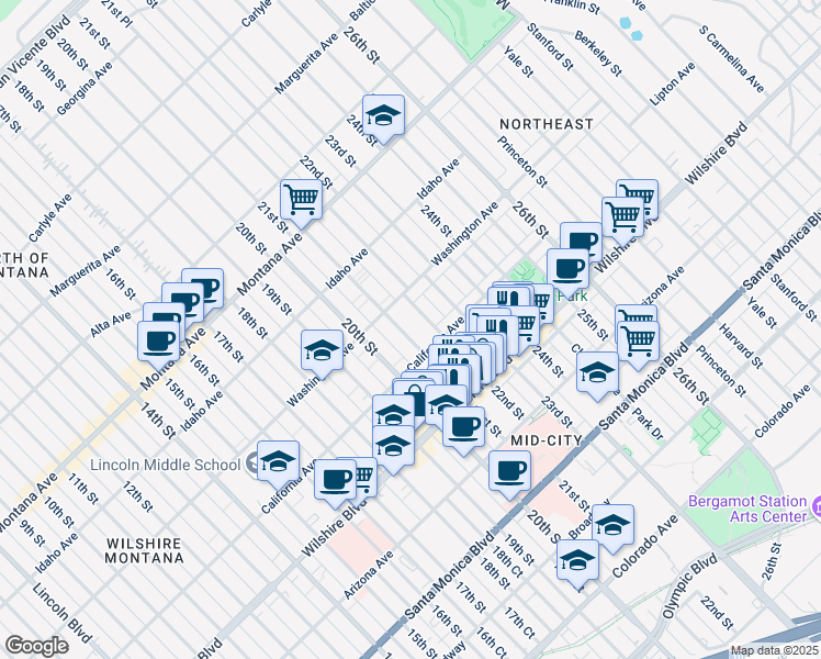 map of restaurants, bars, coffee shops, grocery stores, and more near 1035 21st Street in Santa Monica