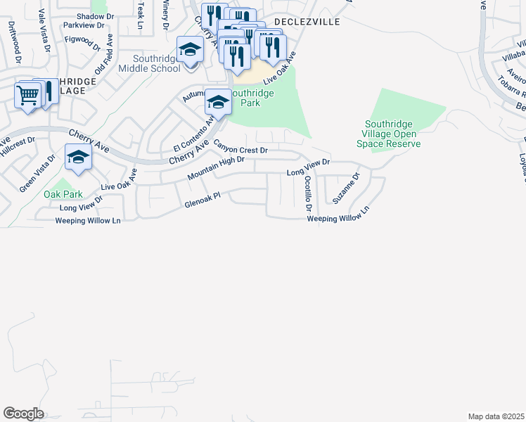 map of restaurants, bars, coffee shops, grocery stores, and more near 12080 Redwood Drive in Fontana
