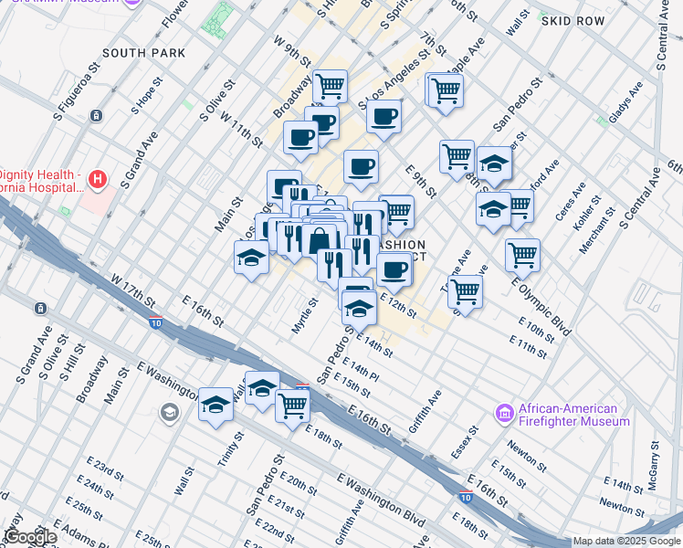 map of restaurants, bars, coffee shops, grocery stores, and more near 1114 1/2 Santee Street in Los Angeles