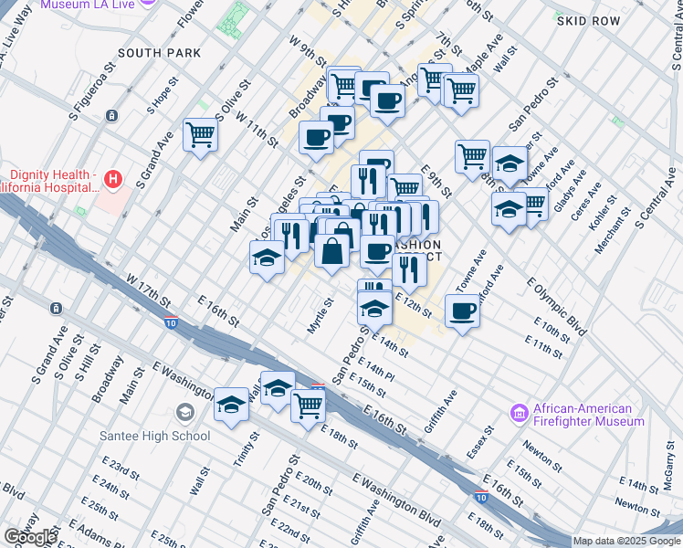 map of restaurants, bars, coffee shops, grocery stores, and more near 1114 1/2 Santee Street in Los Angeles