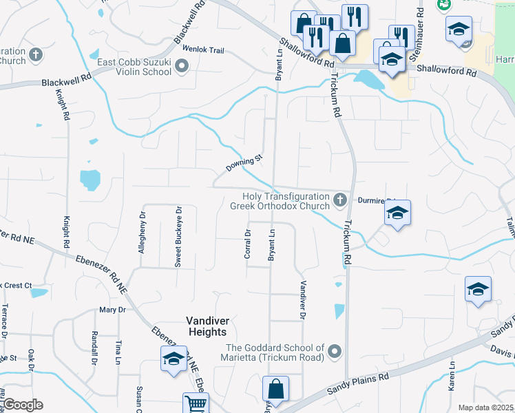 map of restaurants, bars, coffee shops, grocery stores, and more near 3440 Corral Drive in Marietta