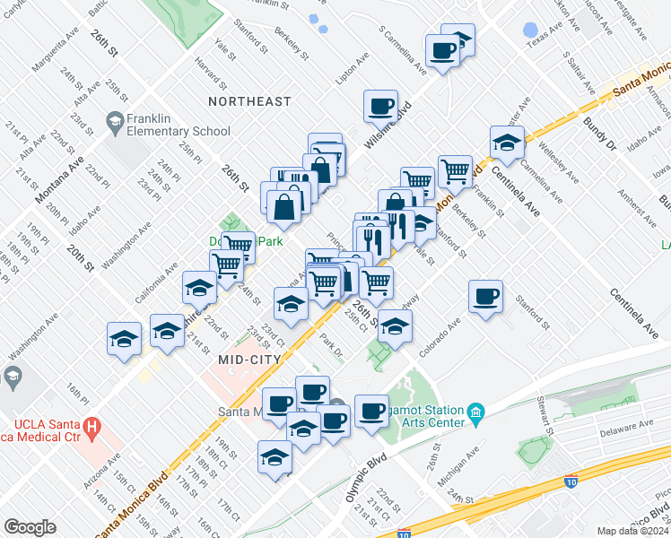 map of restaurants, bars, coffee shops, grocery stores, and more near 1325 26th Street in Santa Monica