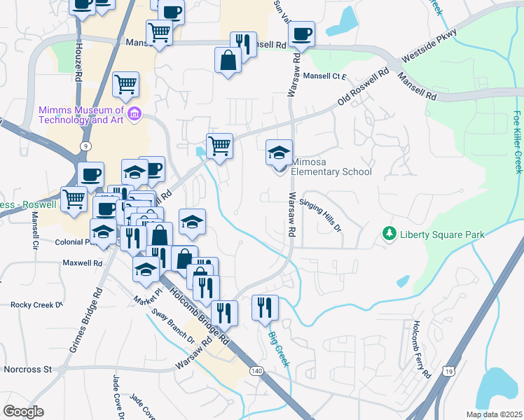 map of restaurants, bars, coffee shops, grocery stores, and more near 185 Willow Stream Court in Roswell