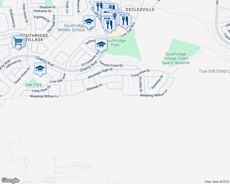 map of restaurants, bars, coffee shops, grocery stores, and more near 14632 Appian Way in Fontana