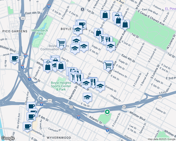 map of restaurants, bars, coffee shops, grocery stores, and more near 2734 East 6th Street in Los Angeles