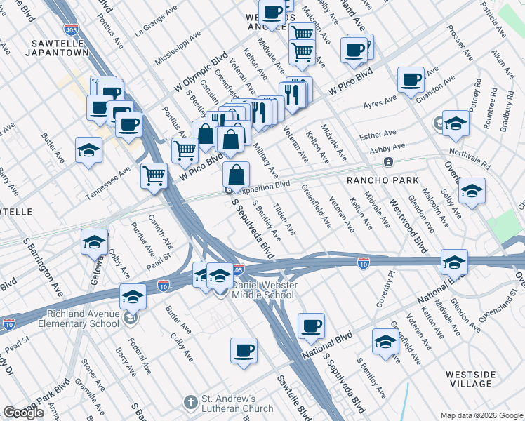 map of restaurants, bars, coffee shops, grocery stores, and more near 2522 South Bentley Avenue in Los Angeles
