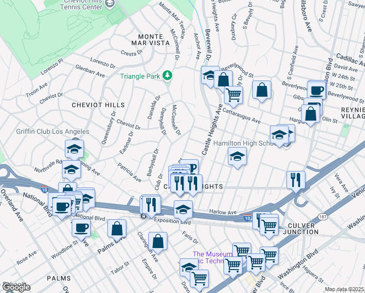 map of restaurants, bars, coffee shops, grocery stores, and more near 3143 Shelby Drive in Los Angeles