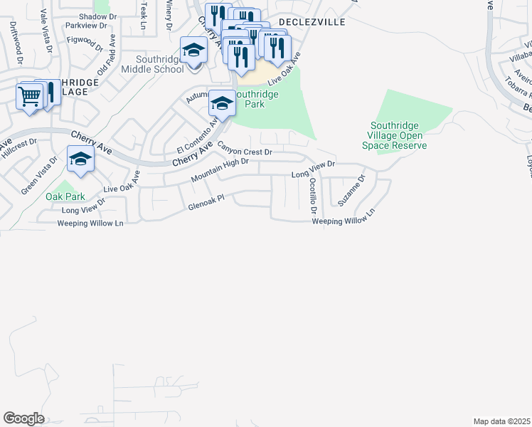 map of restaurants, bars, coffee shops, grocery stores, and more near 12080 Redwood Drive in Fontana