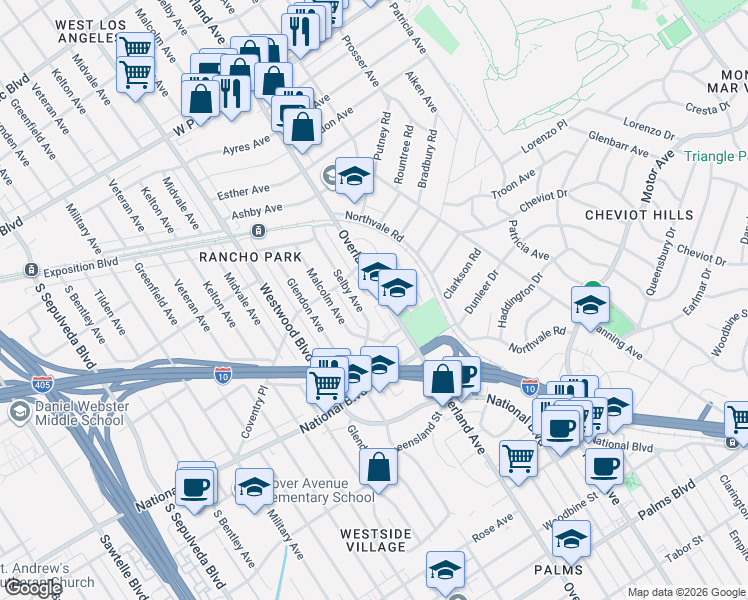 map of restaurants, bars, coffee shops, grocery stores, and more near 2828 Overland Avenue in Los Angeles