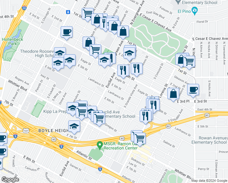 map of restaurants, bars, coffee shops, grocery stores, and more near 3031 Lanfranco Street in Los Angeles
