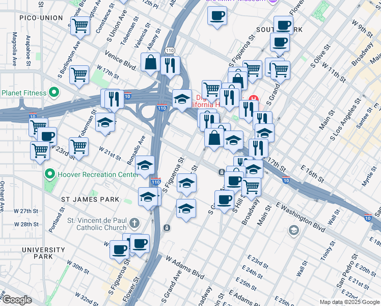 map of restaurants, bars, coffee shops, grocery stores, and more near 1880 South Figueroa Street in Los Angeles