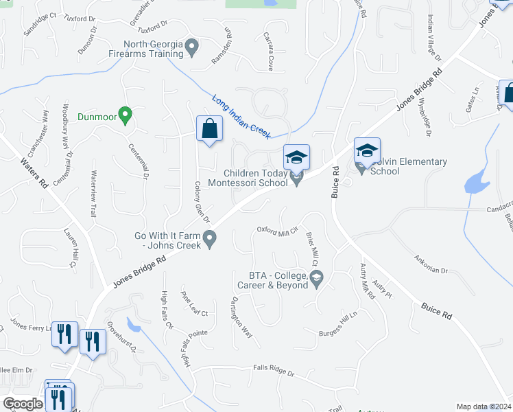 map of restaurants, bars, coffee shops, grocery stores, and more near 10305 Meadow Crest Lane in Alpharetta