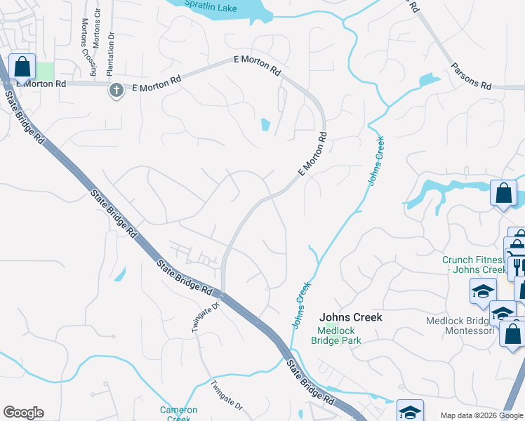map of restaurants, bars, coffee shops, grocery stores, and more near 5340 Cameron Forest Parkway in Alpharetta