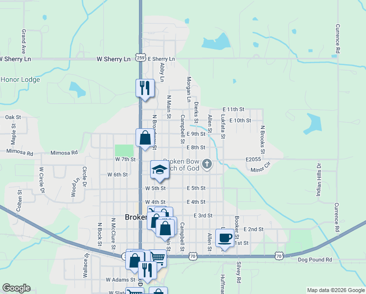 map of restaurants, bars, coffee shops, grocery stores, and more near 806 Campbell Street in Broken Bow