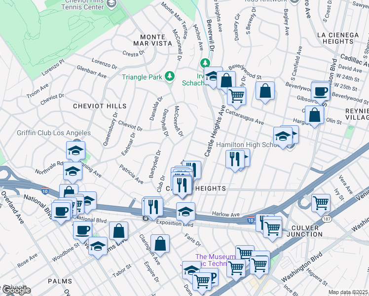 map of restaurants, bars, coffee shops, grocery stores, and more near 3143 Shelby Drive in Los Angeles