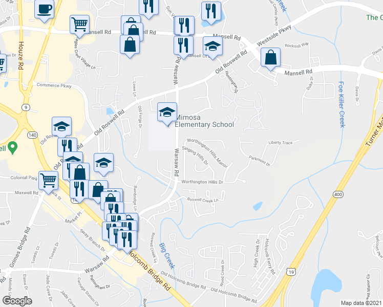 map of restaurants, bars, coffee shops, grocery stores, and more near 845 Singing Hills Drive in Roswell