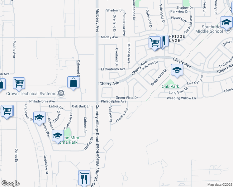 map of restaurants, bars, coffee shops, grocery stores, and more near 12024 Overland Court in Fontana