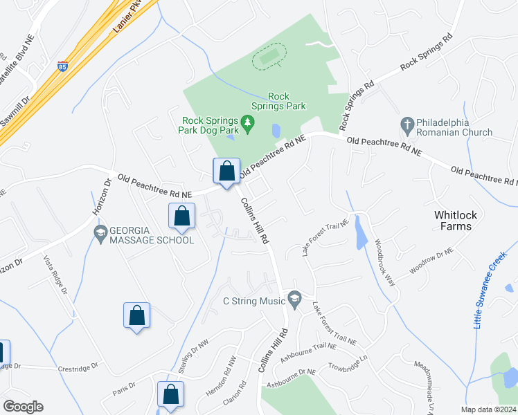 map of restaurants, bars, coffee shops, grocery stores, and more near 2765 Collins Hill Road in Lawrenceville