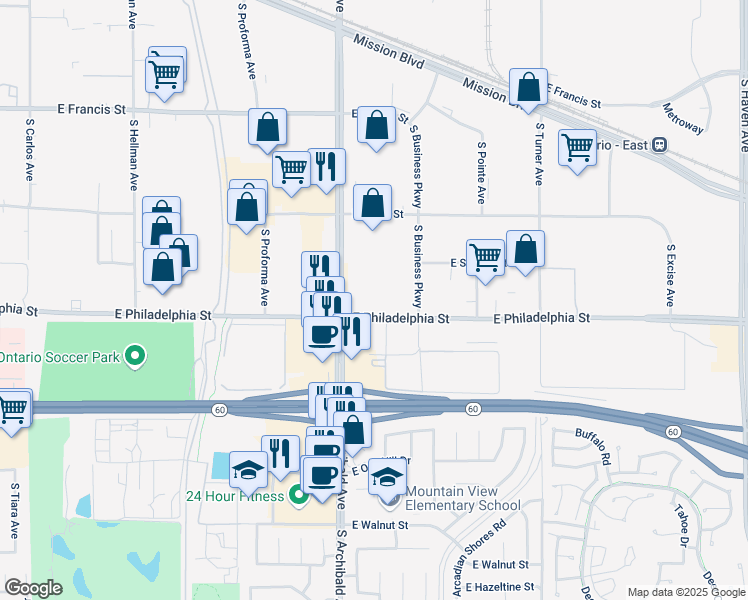 map of restaurants, bars, coffee shops, grocery stores, and more near 3906 East Coronado Privado in Ontario