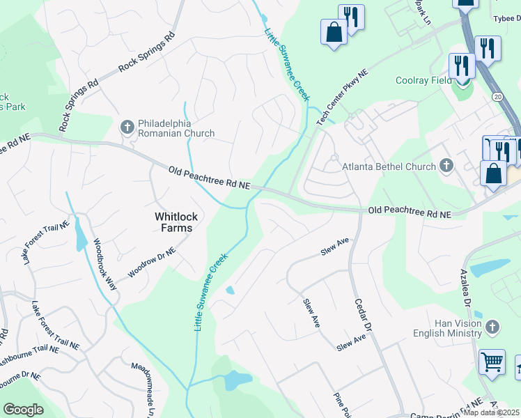 map of restaurants, bars, coffee shops, grocery stores, and more near 663 Prada Court Northeast in Lawrenceville