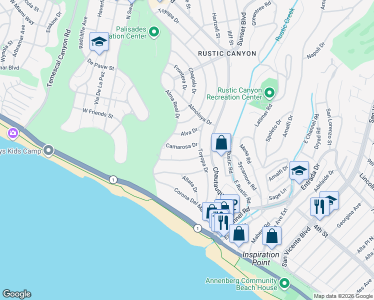 map of restaurants, bars, coffee shops, grocery stores, and more near 14924 Camarosa Drive in Los Angeles